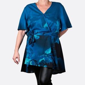 BloomChic Wrap Top Teal Blue Floral Flutter Sleeve High-Low Plus Size 1X 2X